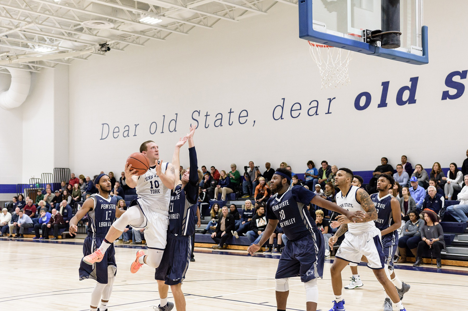 Trent Thomas goes up for an acrobatic layup in a game against Penn State Lehigh Valley earlier this season, which Penn State York won 77-70.