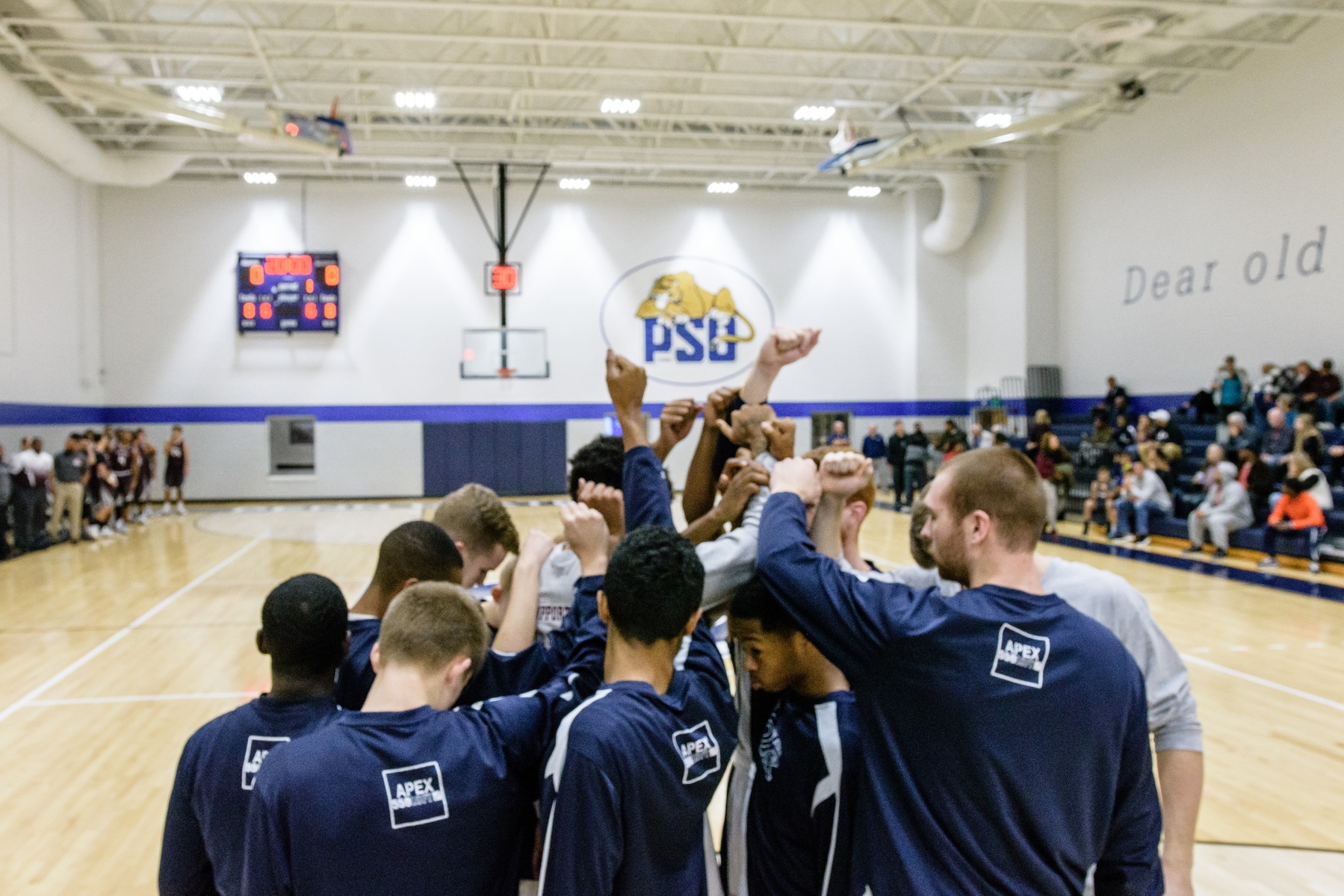 Penn State York Men’s Basketball huddles before a game earlier this season.