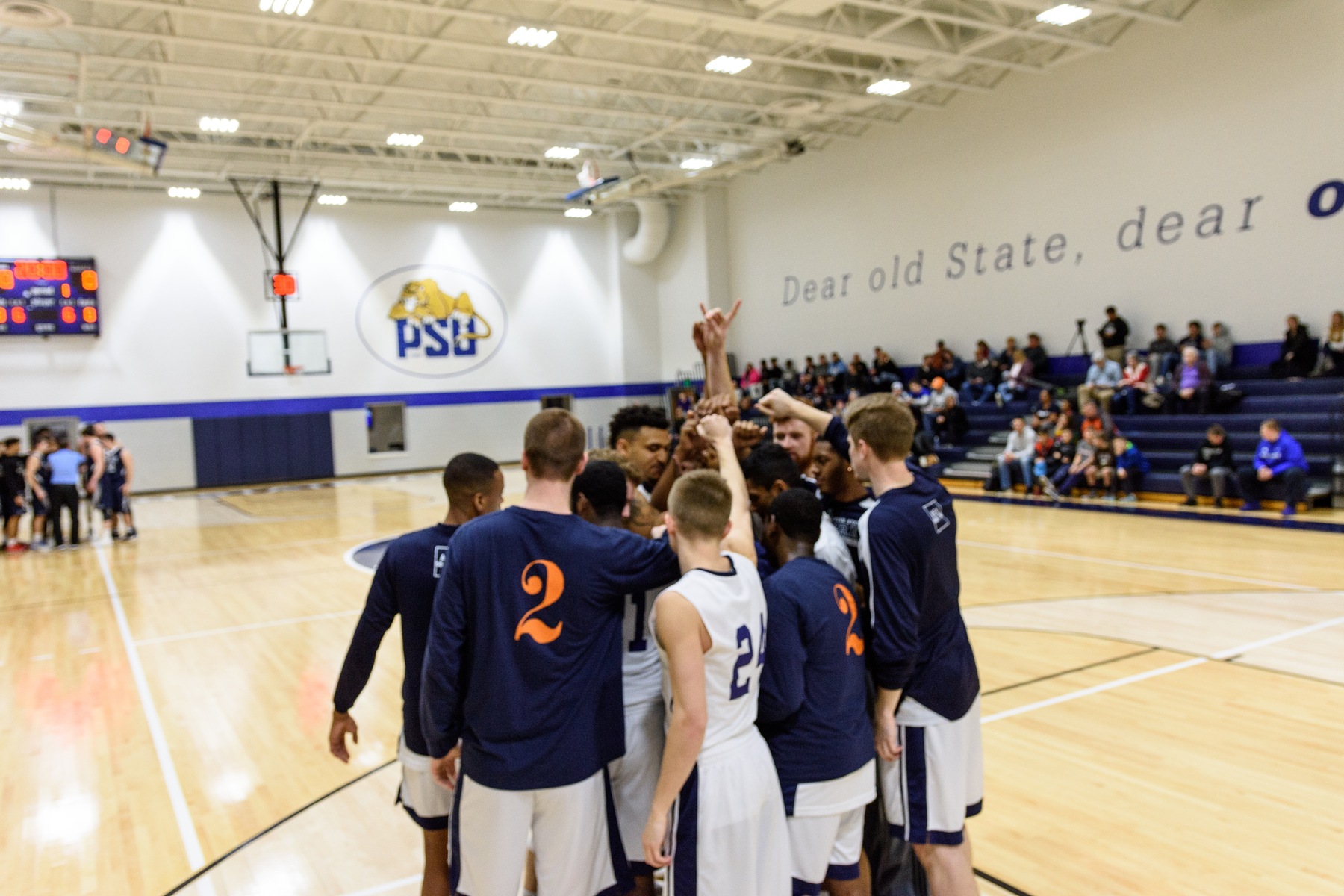 Penn State York Men’s Basketball huddles before a home playoff game.