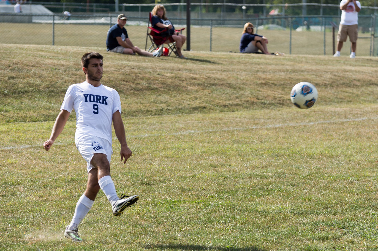 Adel Avdic crosses from the right wing in a game earlier this season against Penn State Schuylkill.